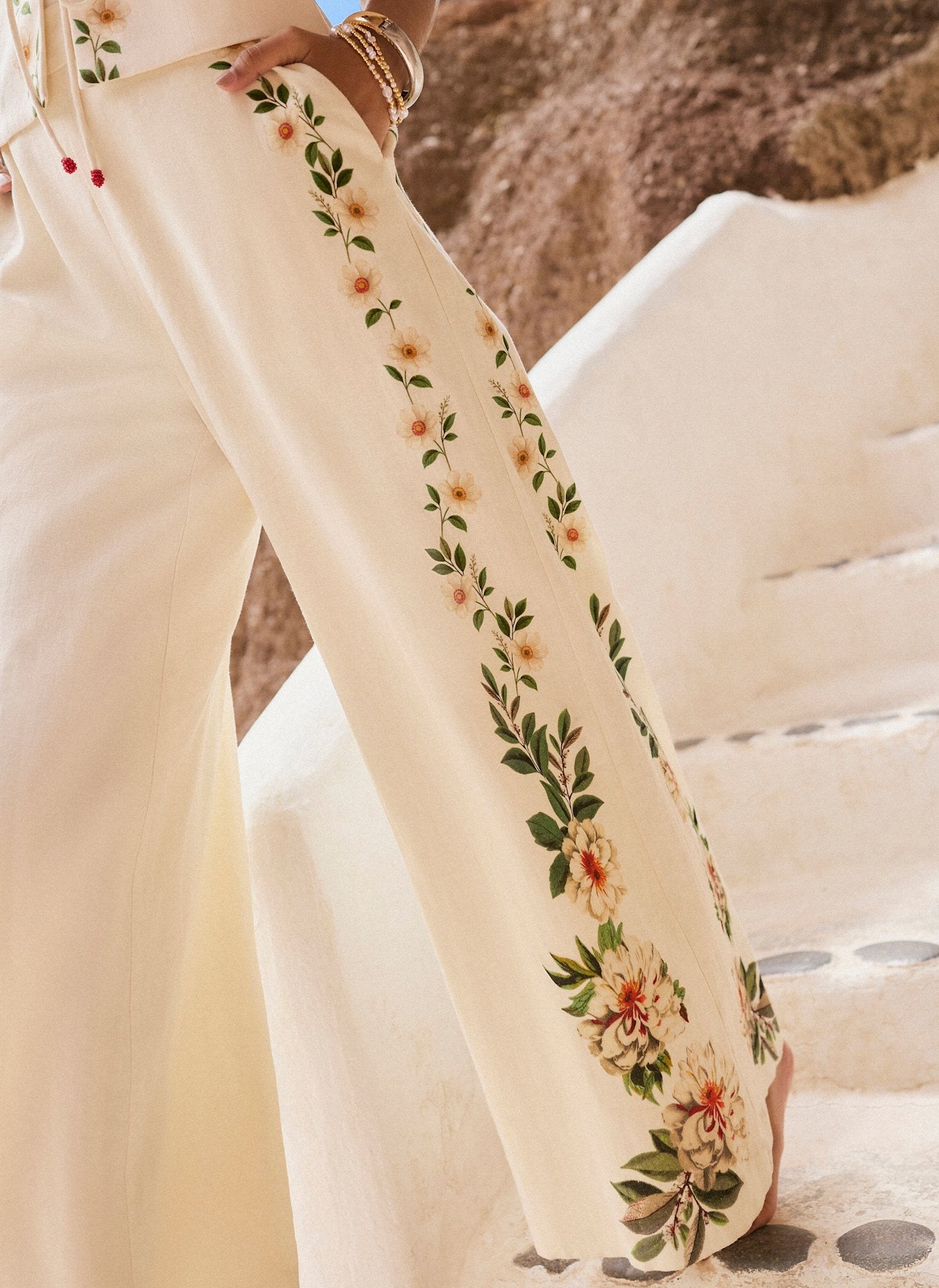 Cream Linen Blend Floral Print Wide Trousers