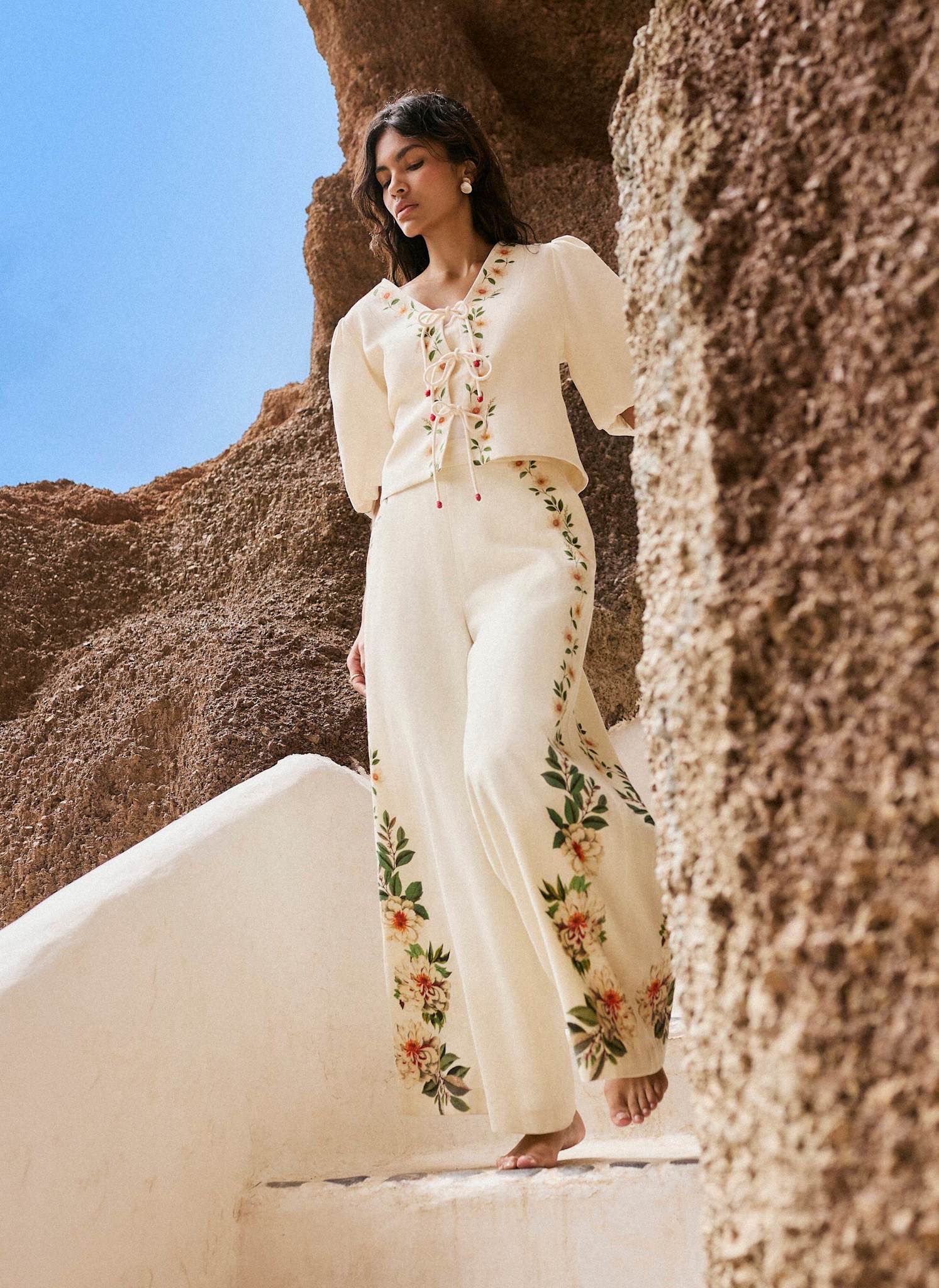 Cream Linen Blend Floral Print Wide Trousers