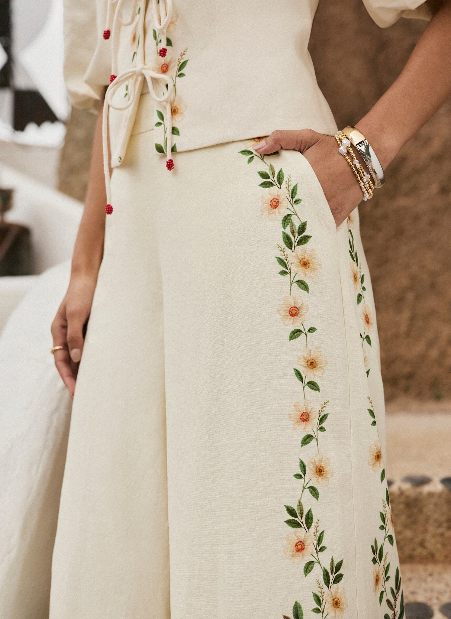 Cream Linen Blend Floral Print Wide Trousers