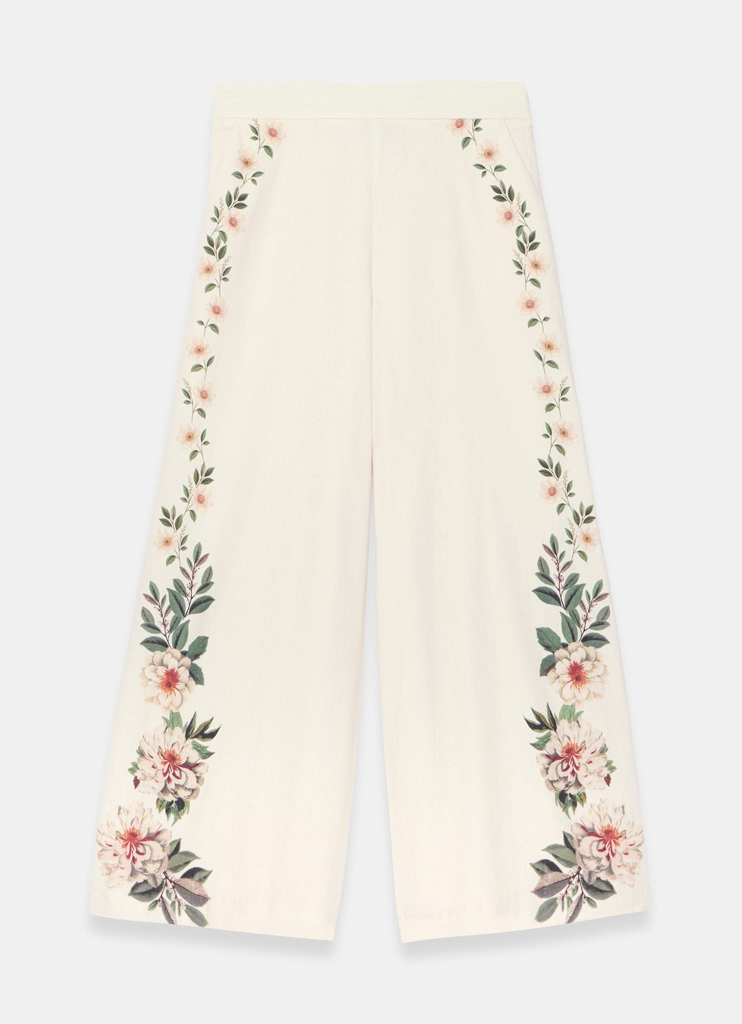 Cream Linen Blend Floral Print Wide Trousers