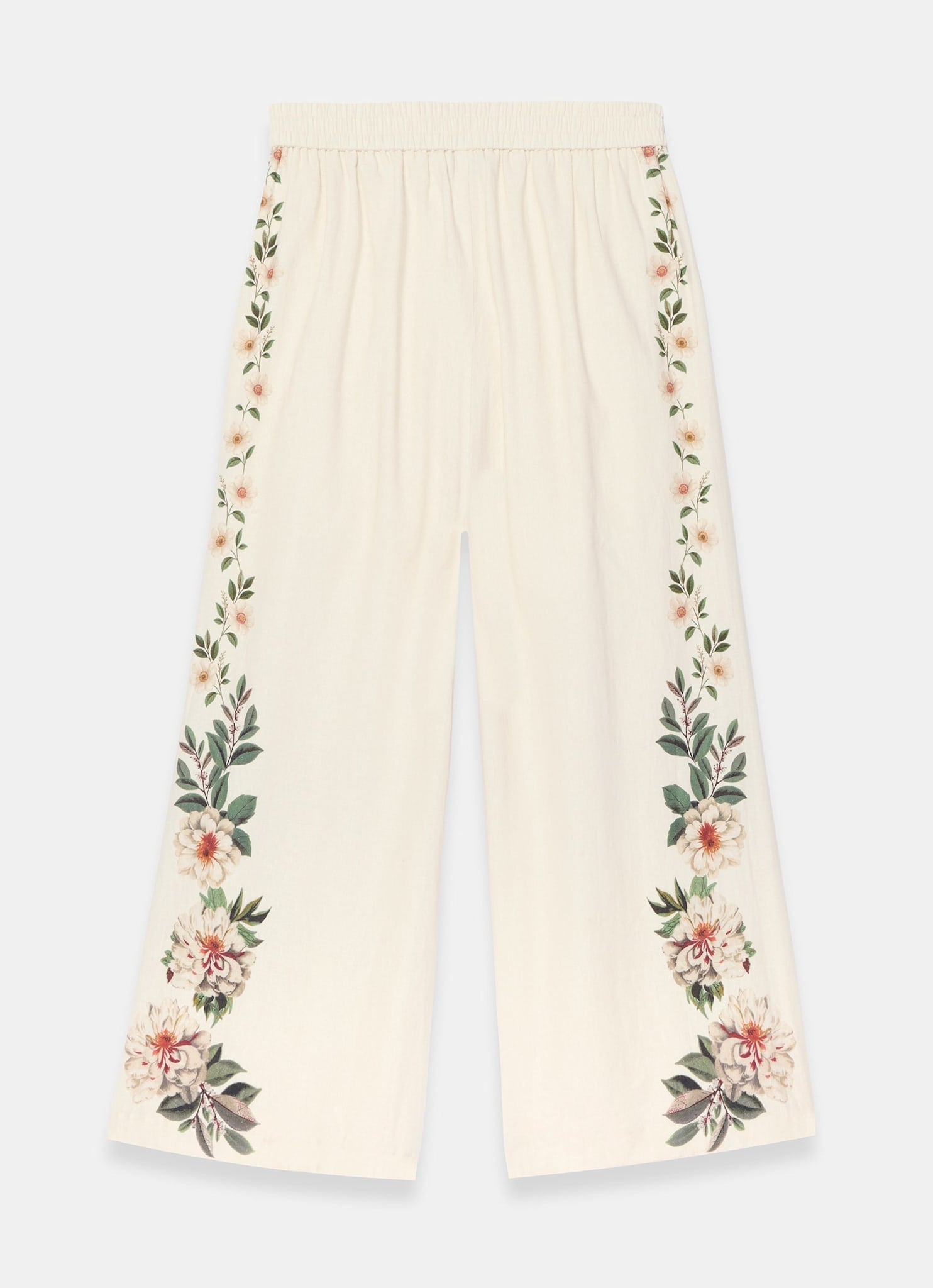 Cream Linen Blend Floral Print Wide Trousers