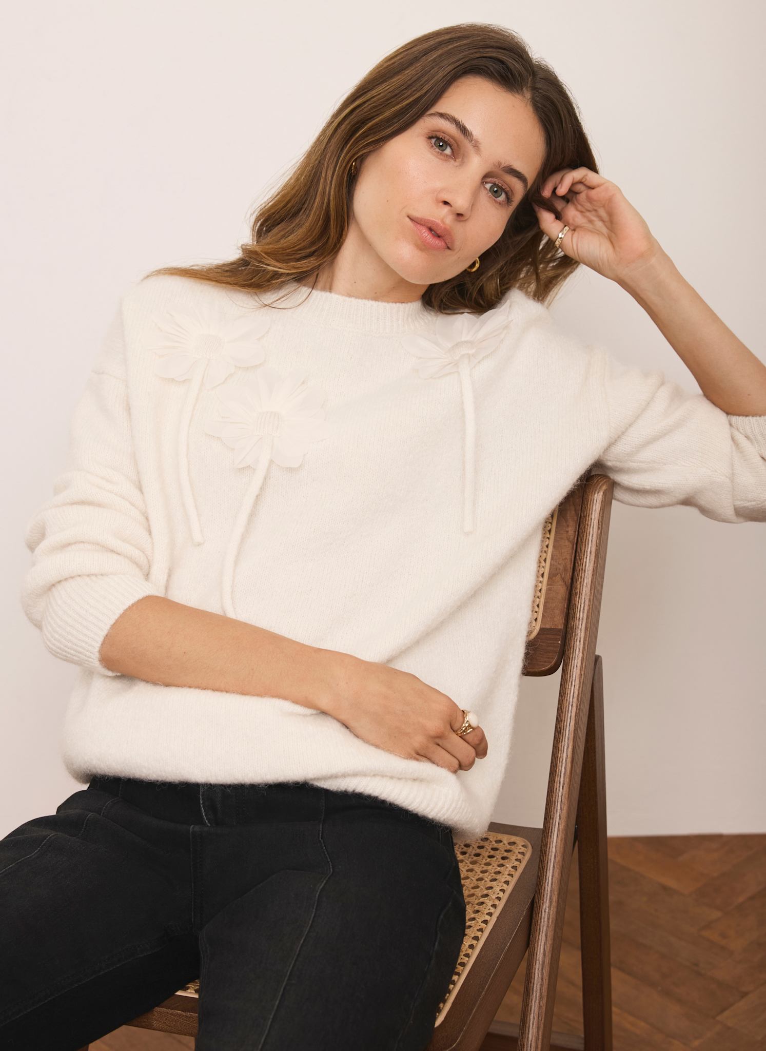 Cream Wool Blend Flower Detail Jumper