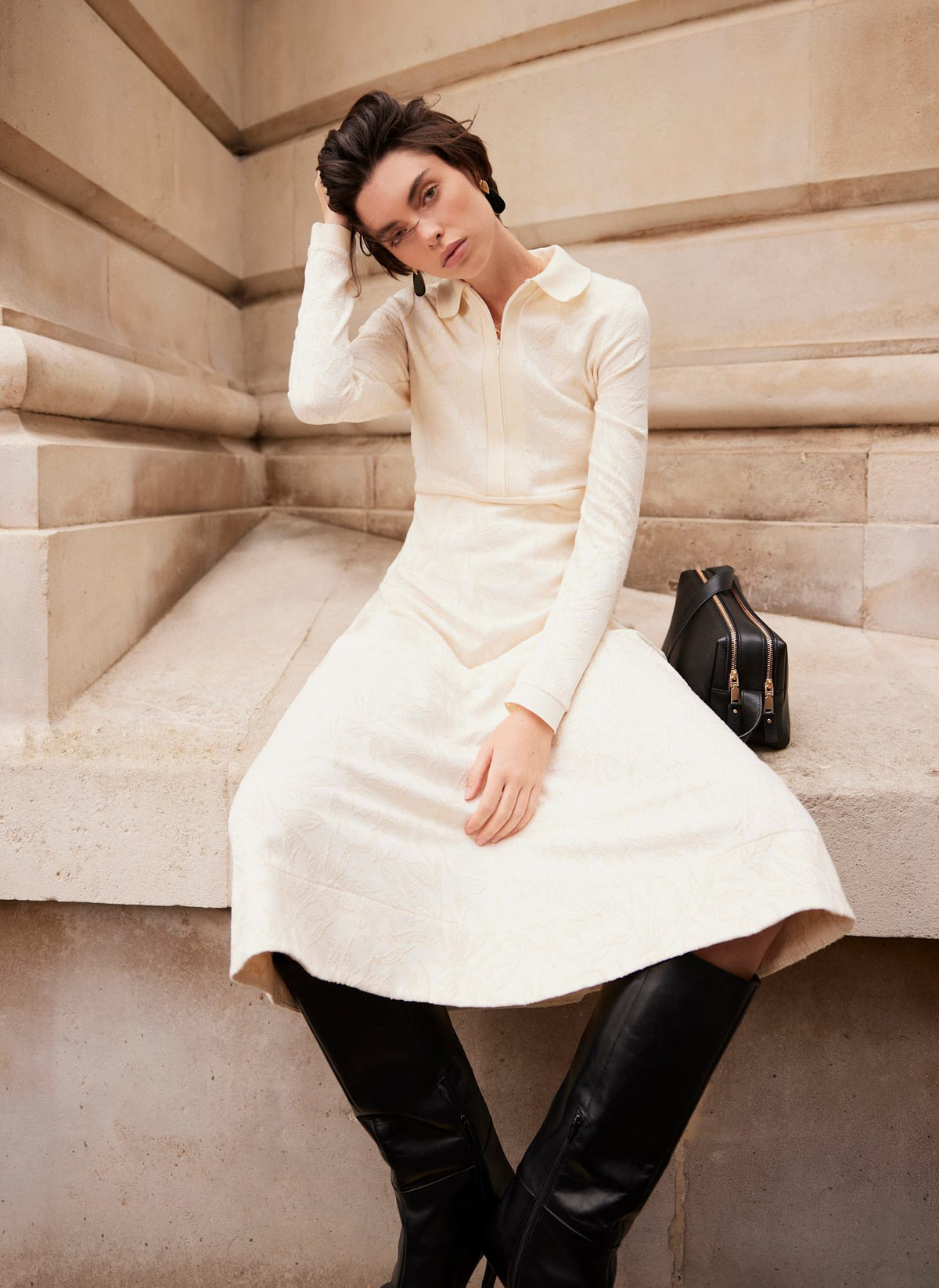 Cream Jacquard Print Midi Dress