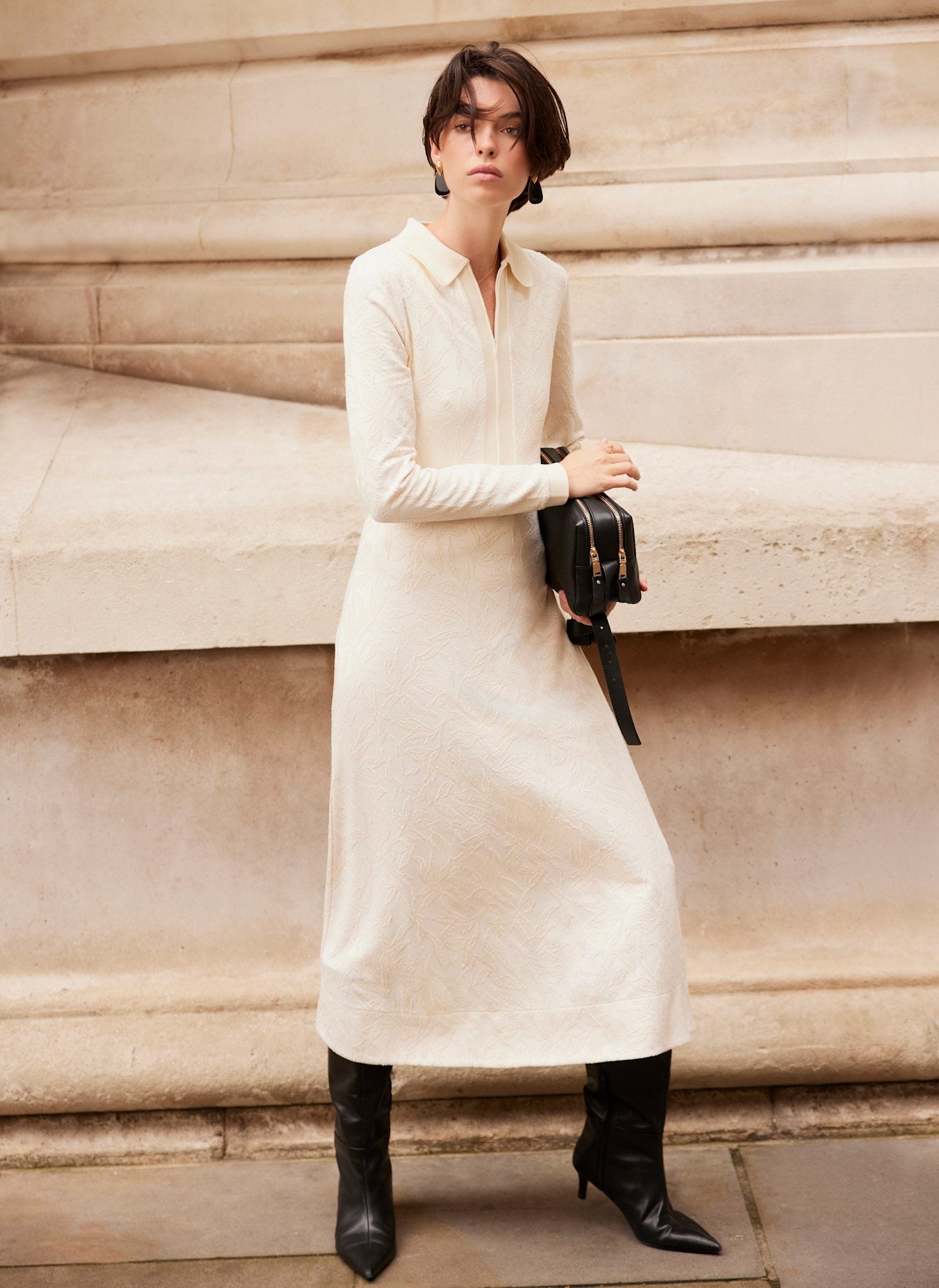 Cream Jacquard Print Midi Dress