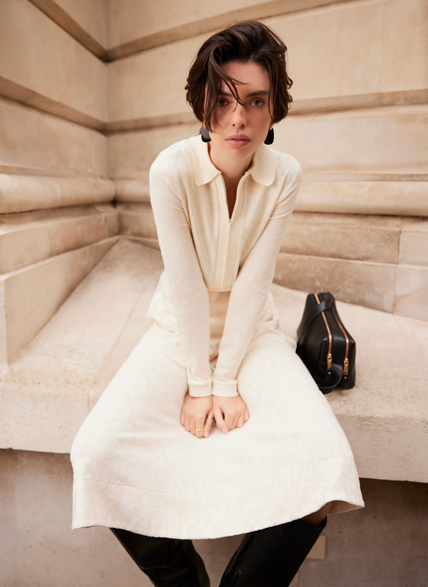 Cream Jacquard Print Midi Dress