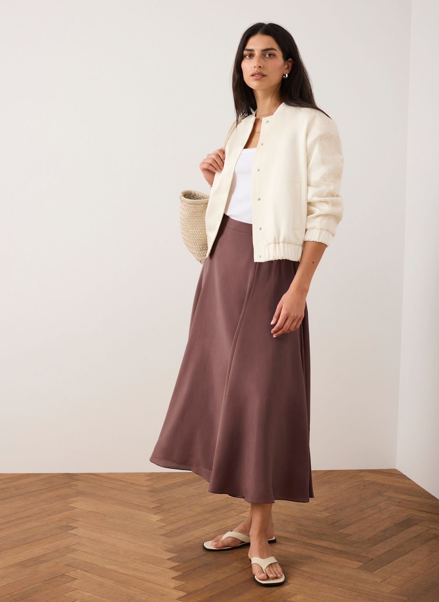 Cream Satin Lace Sleeve Bomber Jacket