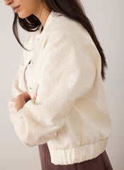 Cream Satin Lace Sleeve Bomber Jacket