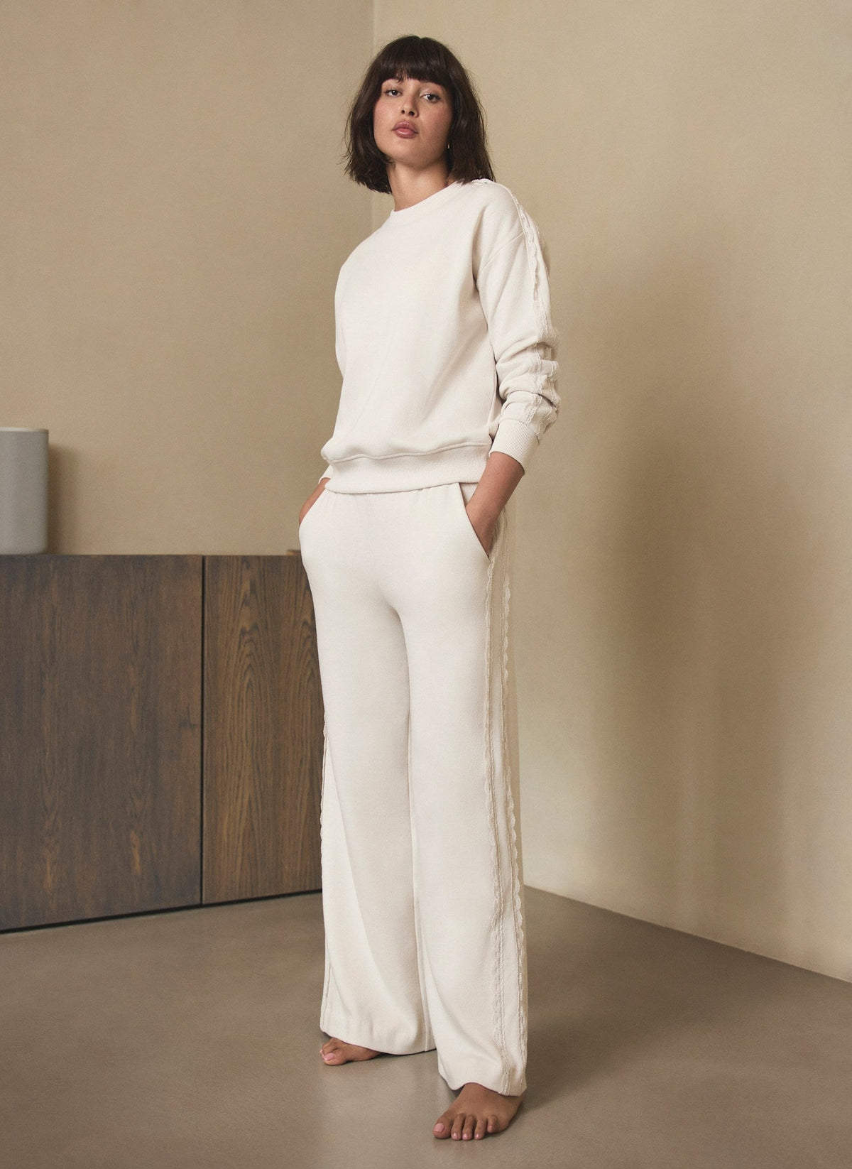 Cream Cotton Blend Lace Trim Joggers