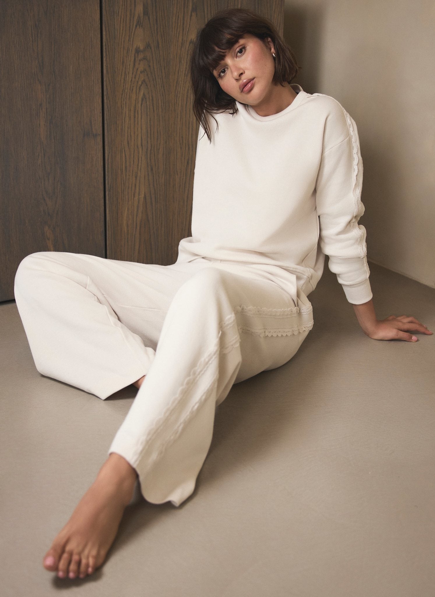 Cream Cotton Blend Lace Trim Joggers