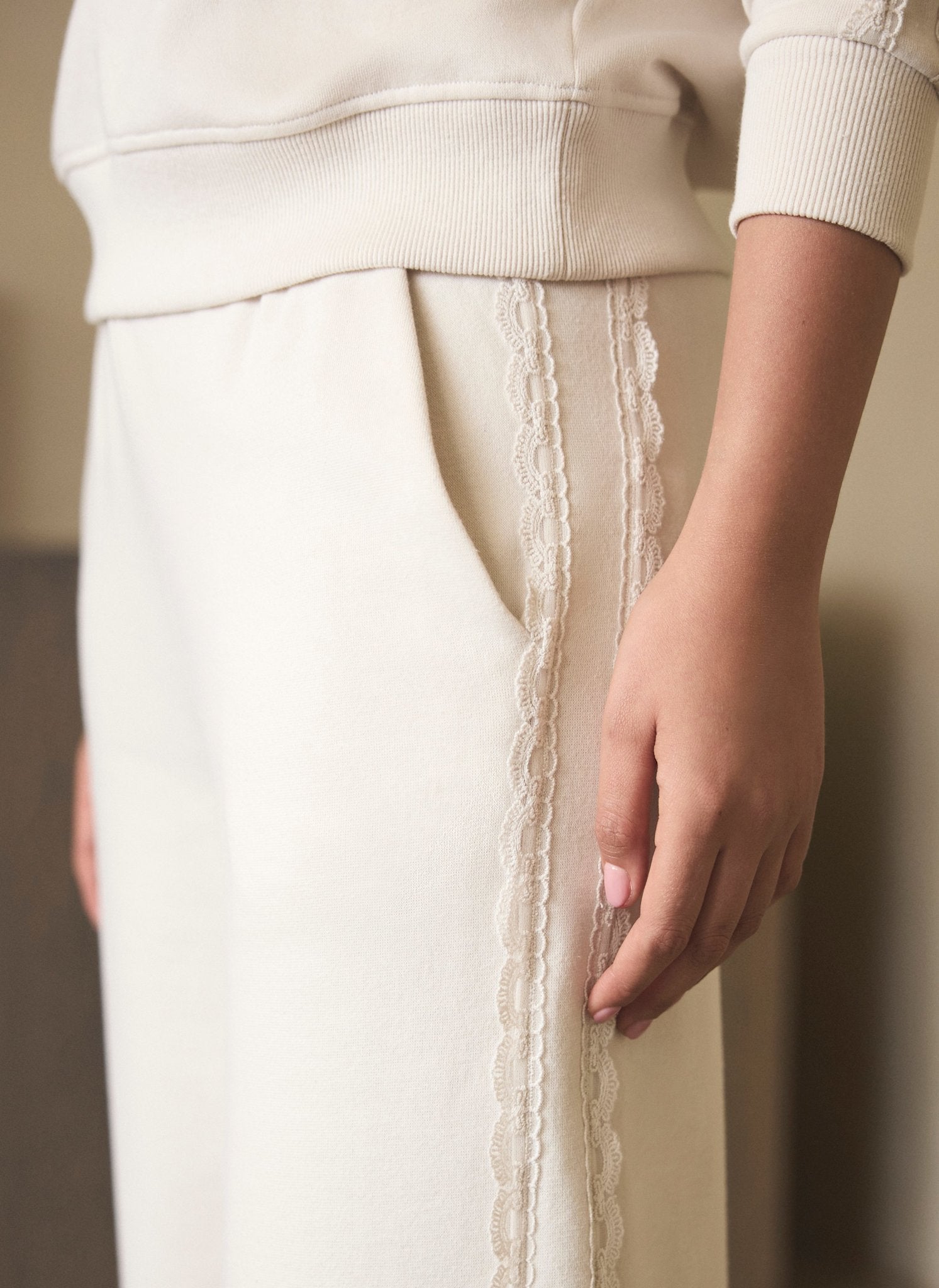 Cream Cotton Blend Lace Trim Joggers