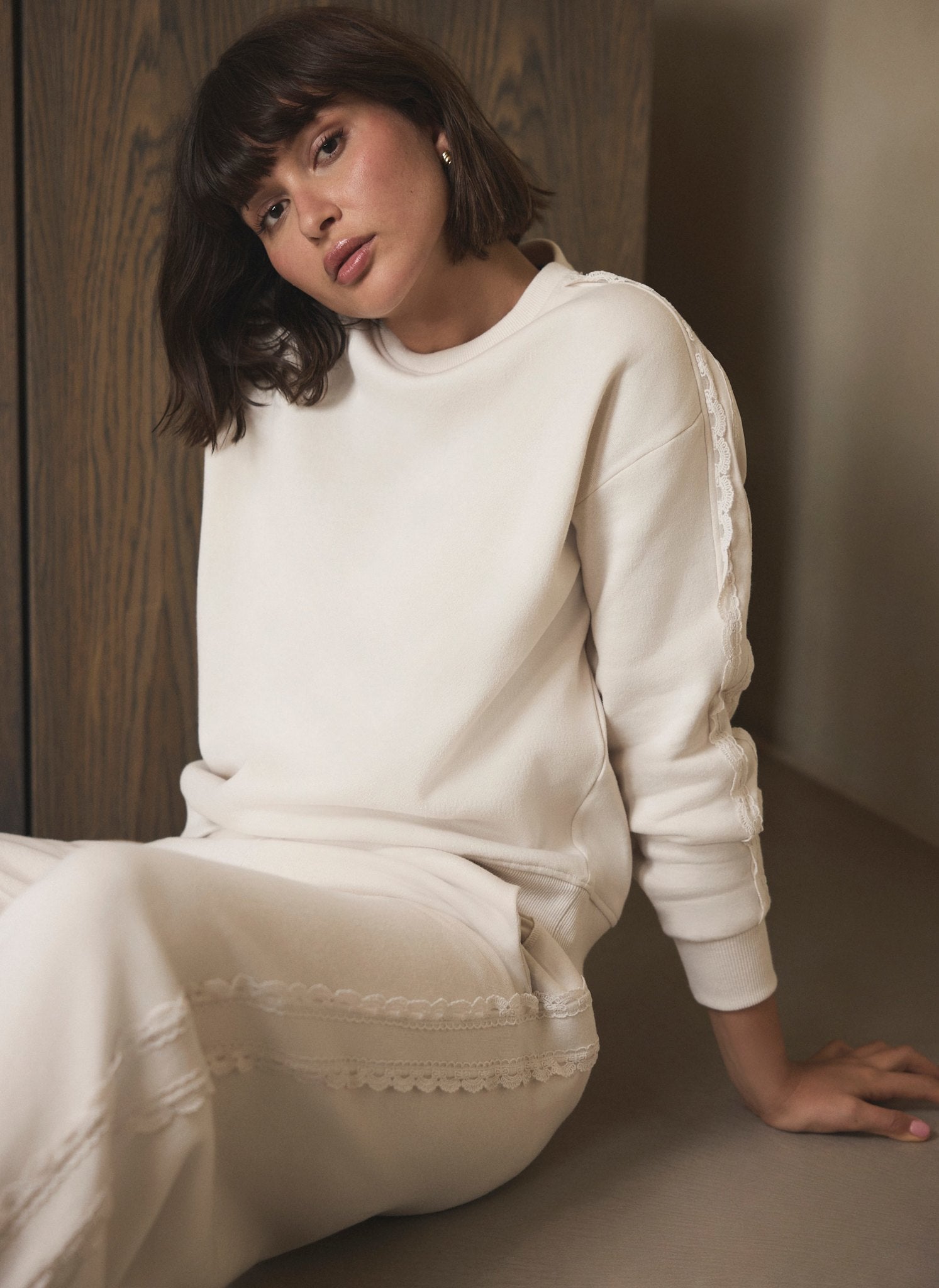 Cream Cotton Blend Lace Trim Sweatshirt