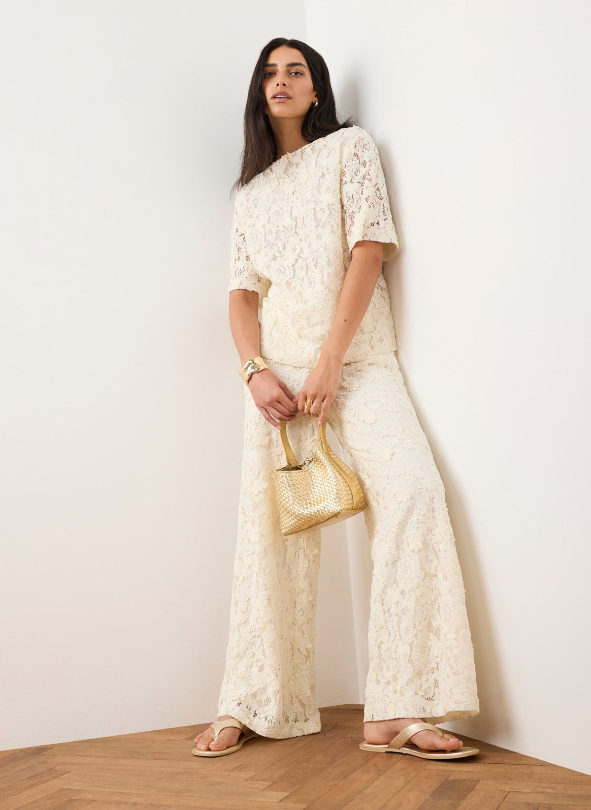 Cream Lace Wide Leg Trousers