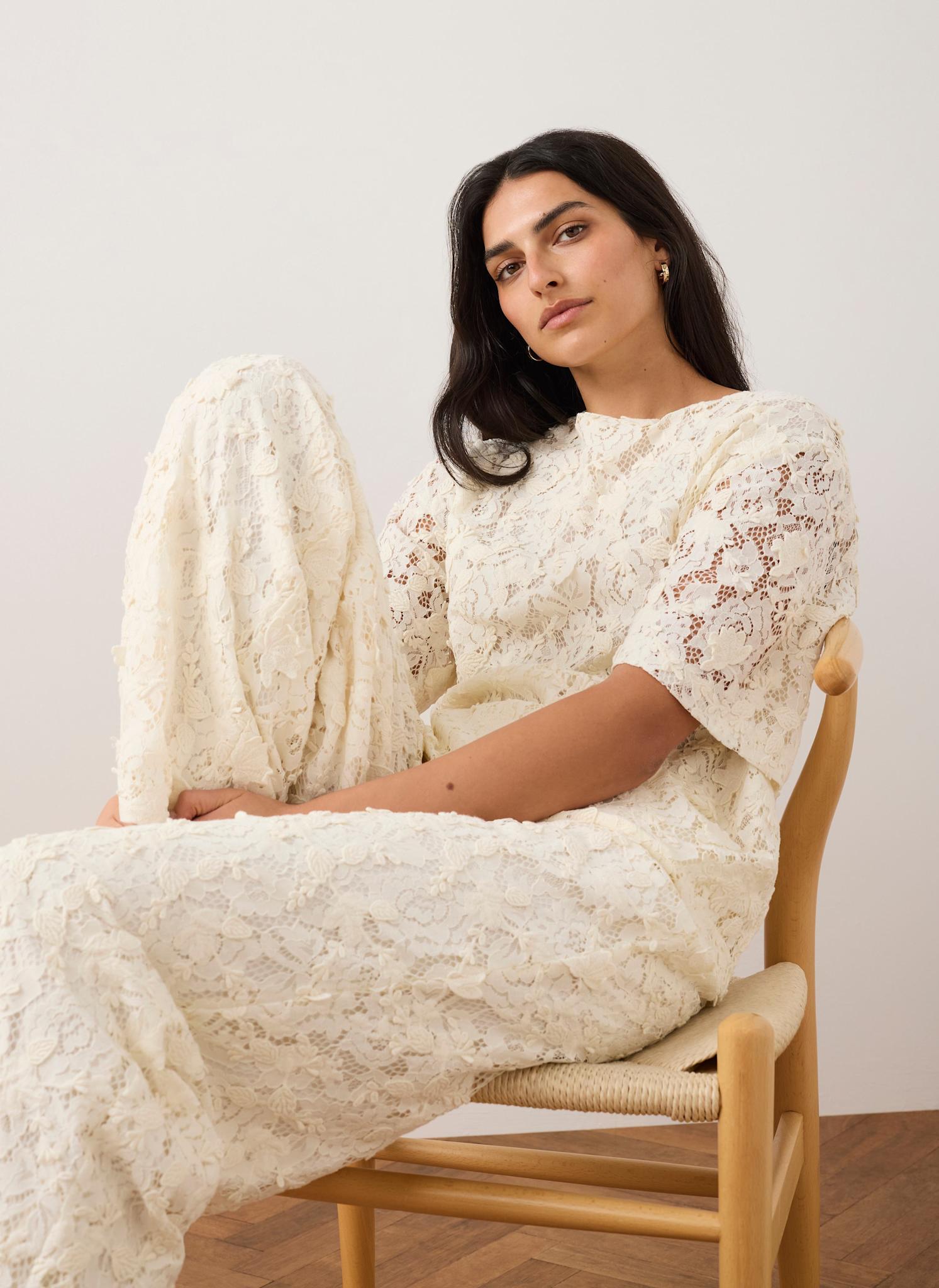 Cream Lace Wide Leg Trousers