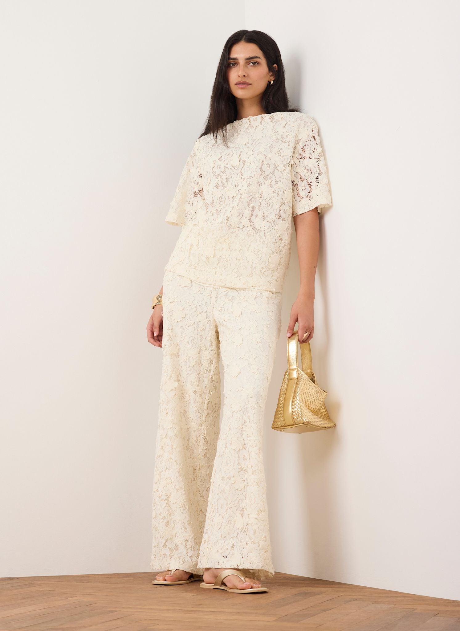 Cream Lace Wide Leg Trousers