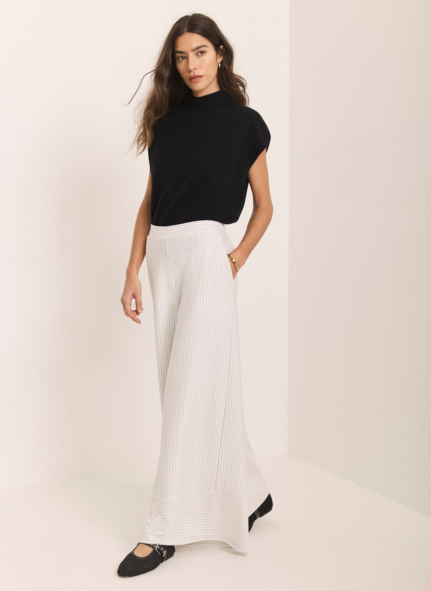 Cream Jersey Pinstripe Wide Trousers