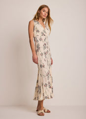 Cream Printed Crinkle Midi Dress