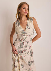 Cream Printed Crinkle Midi Dress