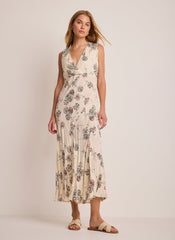 Cream Printed Crinkle Midi Dress