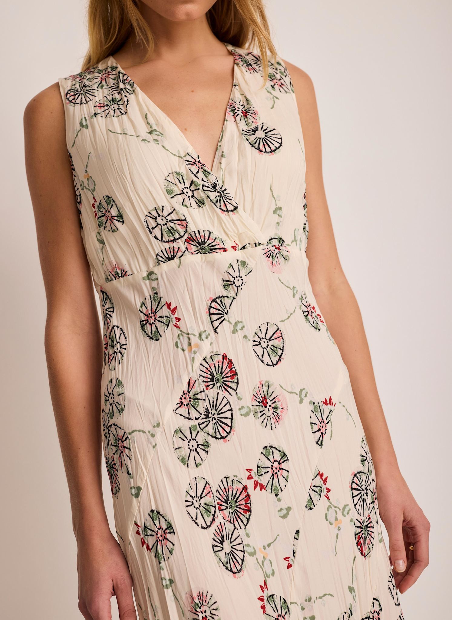 Cream Printed Crinkle Midi Dress