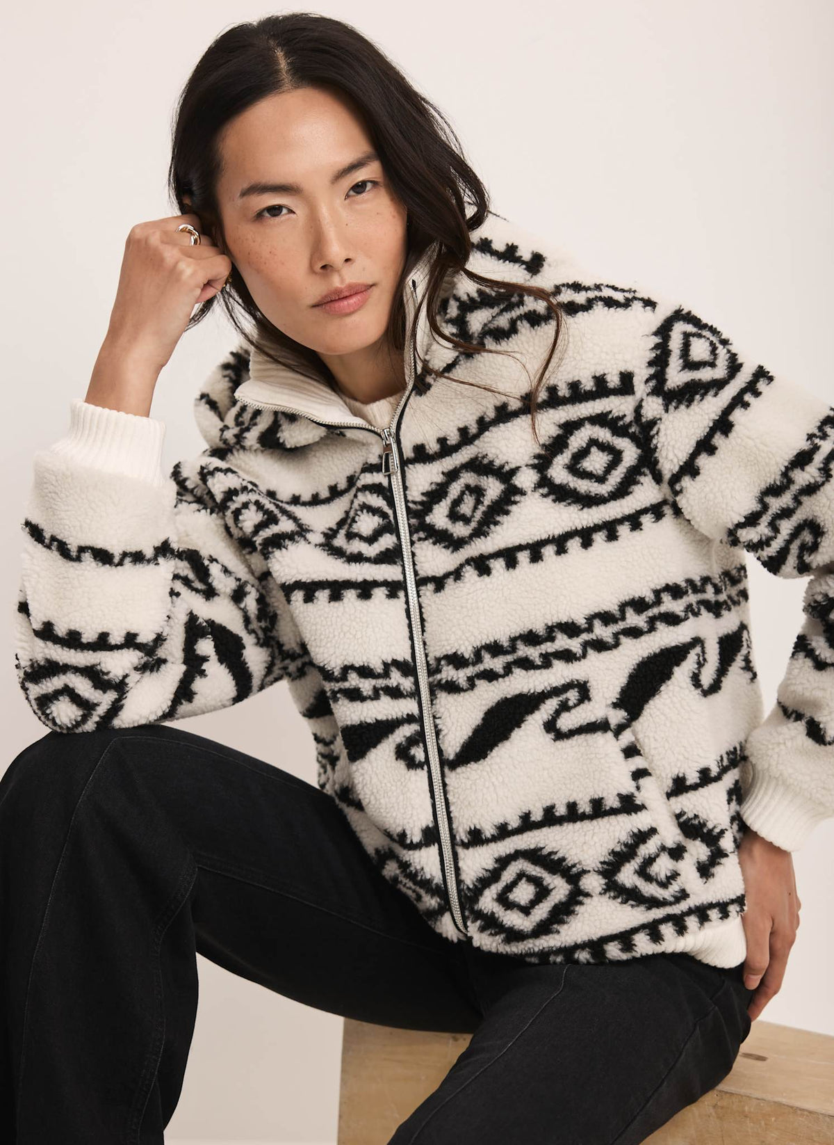Cream Borg Print Hooded Zip Jacket