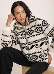Cream Borg Print Hooded Zip Jacket