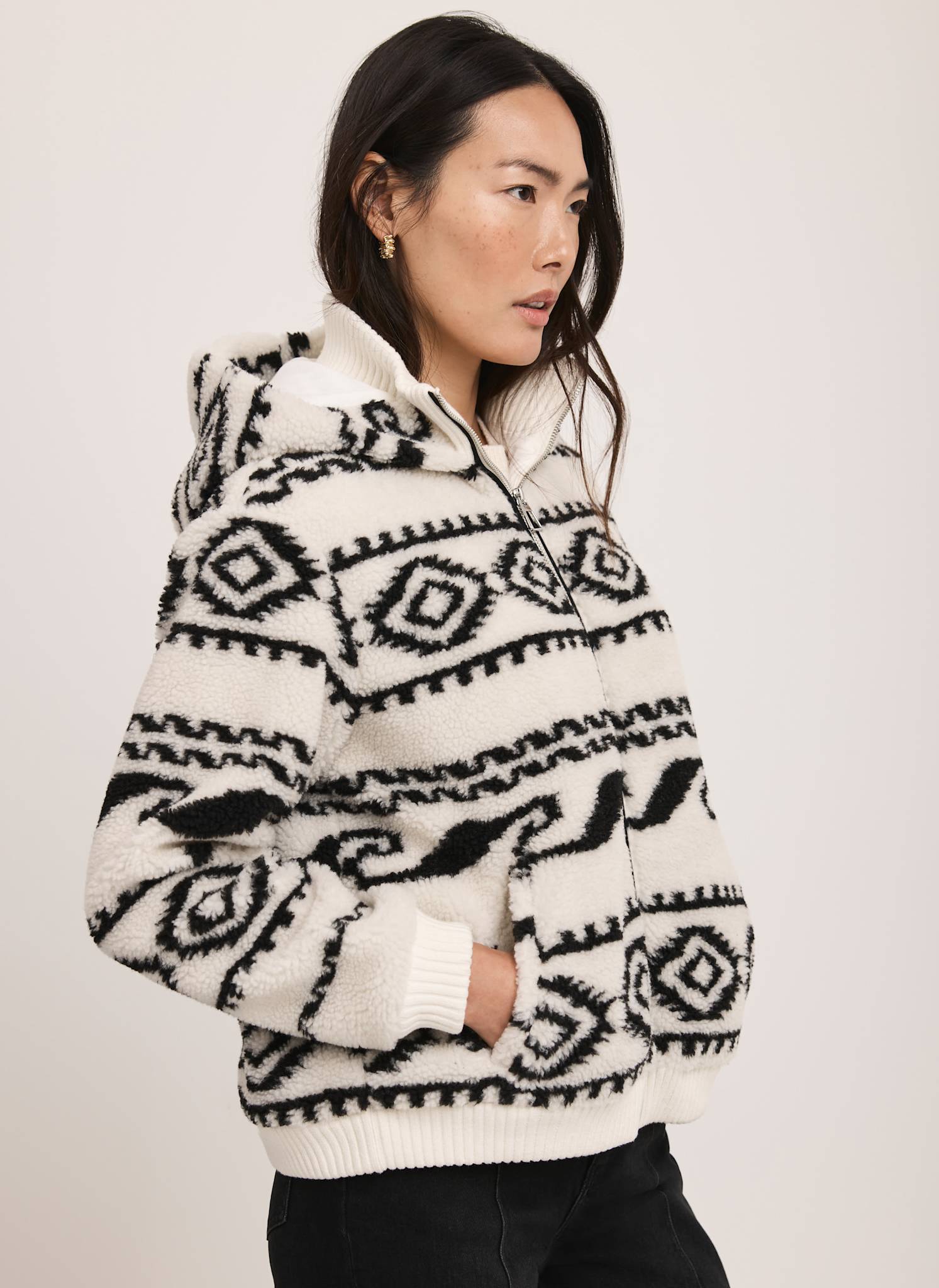 Cream Borg Print Hooded Zip Jacket