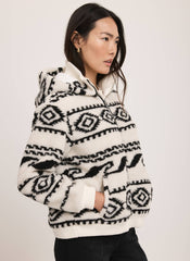 Cream Borg Print Hooded Zip Jacket