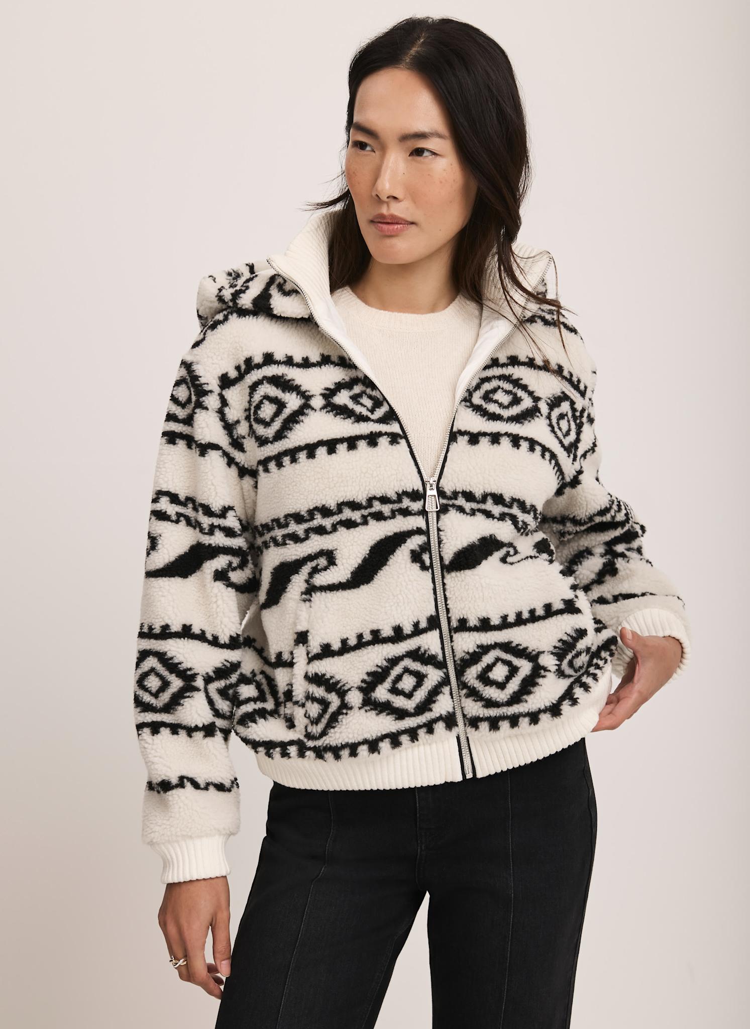 Cream Borg Print Hooded Zip Jacket