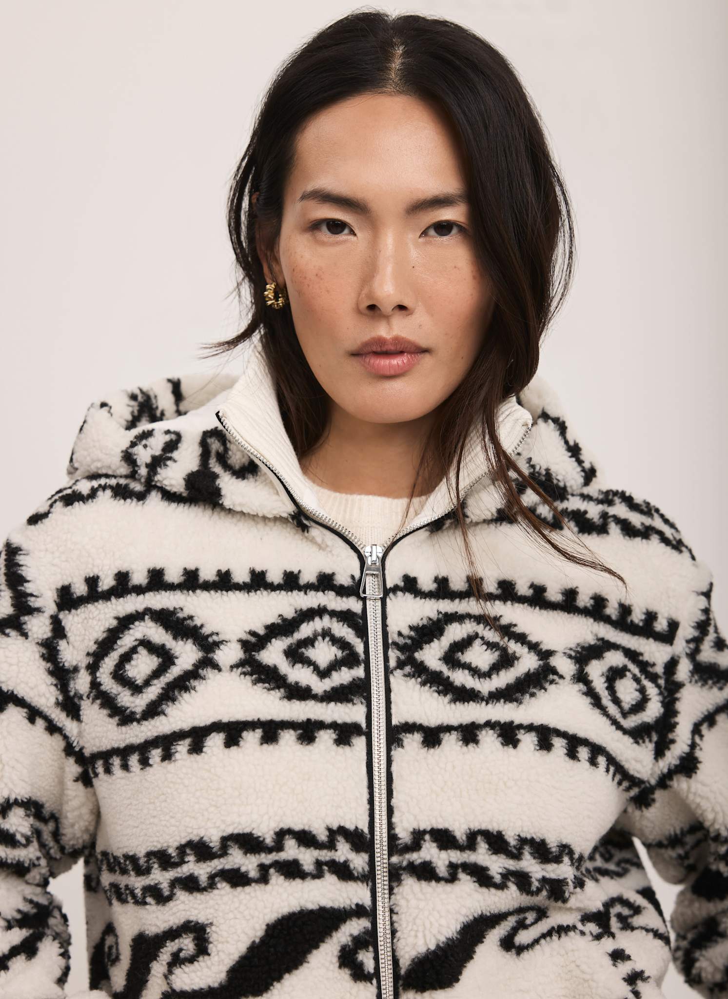Cream Borg Print Hooded Zip Jacket