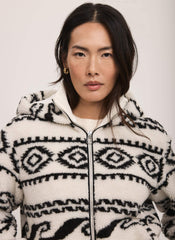 Cream Borg Print Hooded Zip Jacket