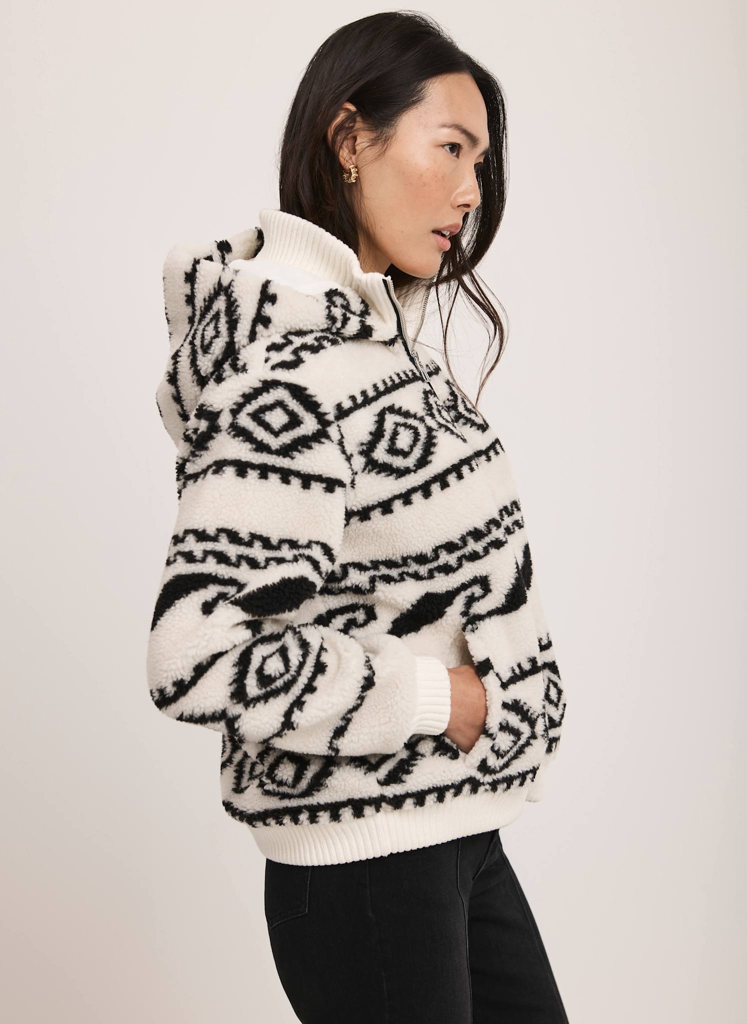 Cream Borg Print Hooded Zip Jacket