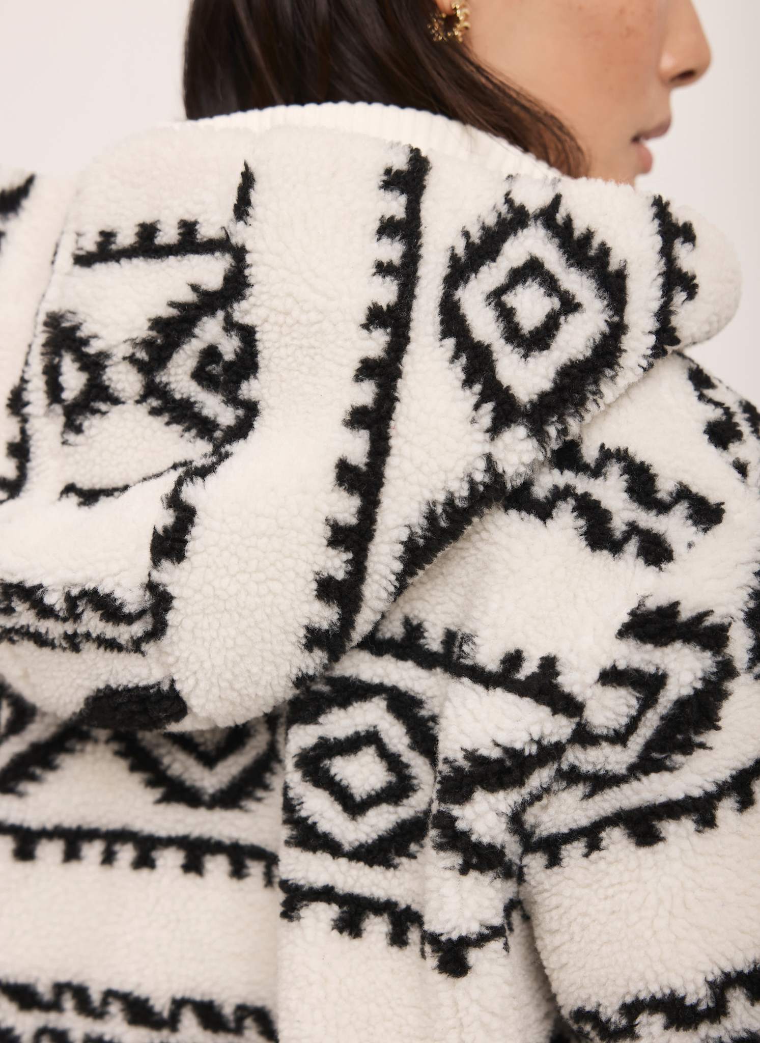 Cream Borg Print Hooded Zip Jacket
