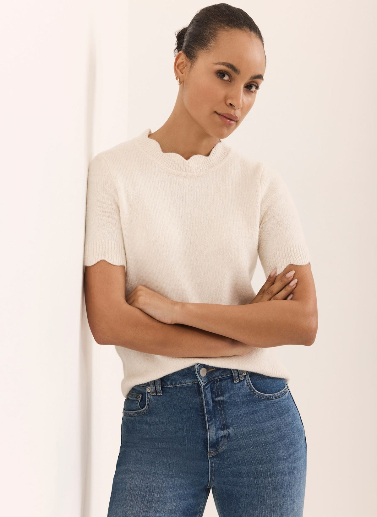 Cream Scallop Knit Top