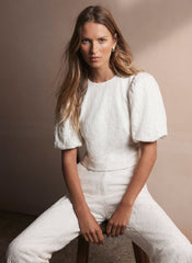Cream Sequin Lace Puff Sleeve Top