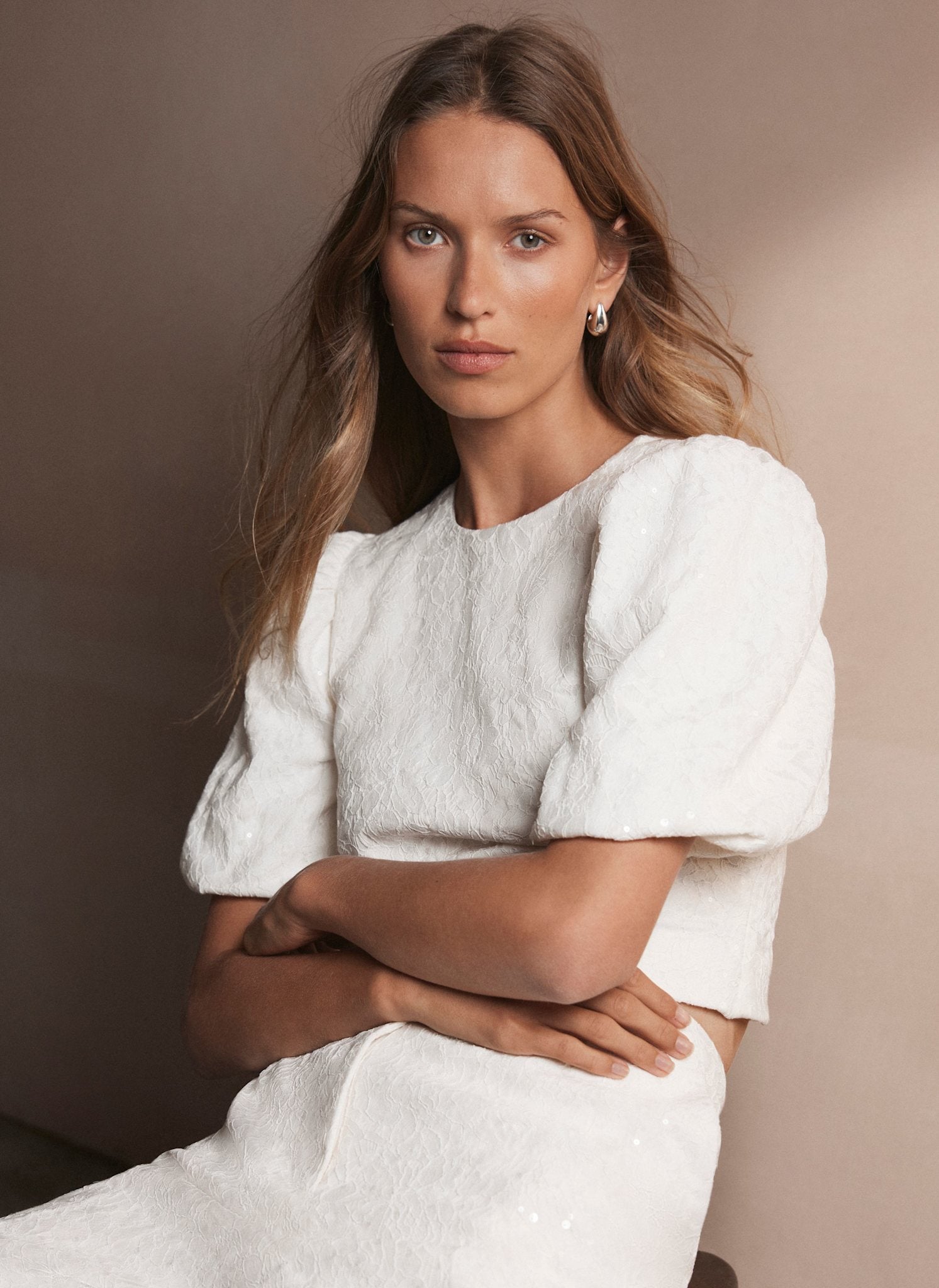 Cream Sequin Lace Puff Sleeve Top
