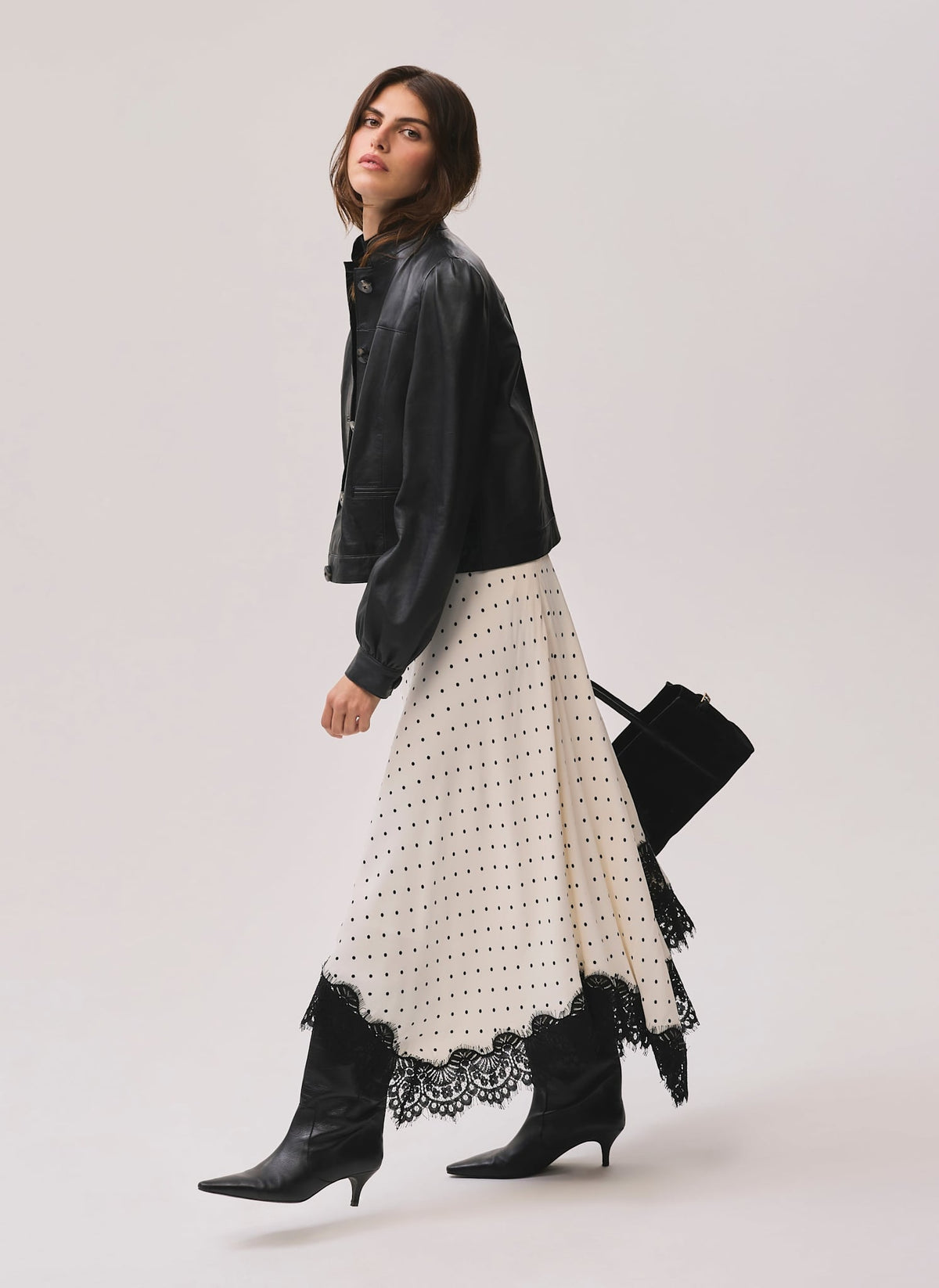 Cream Polka Dot Lace Trim Maxi Skirt