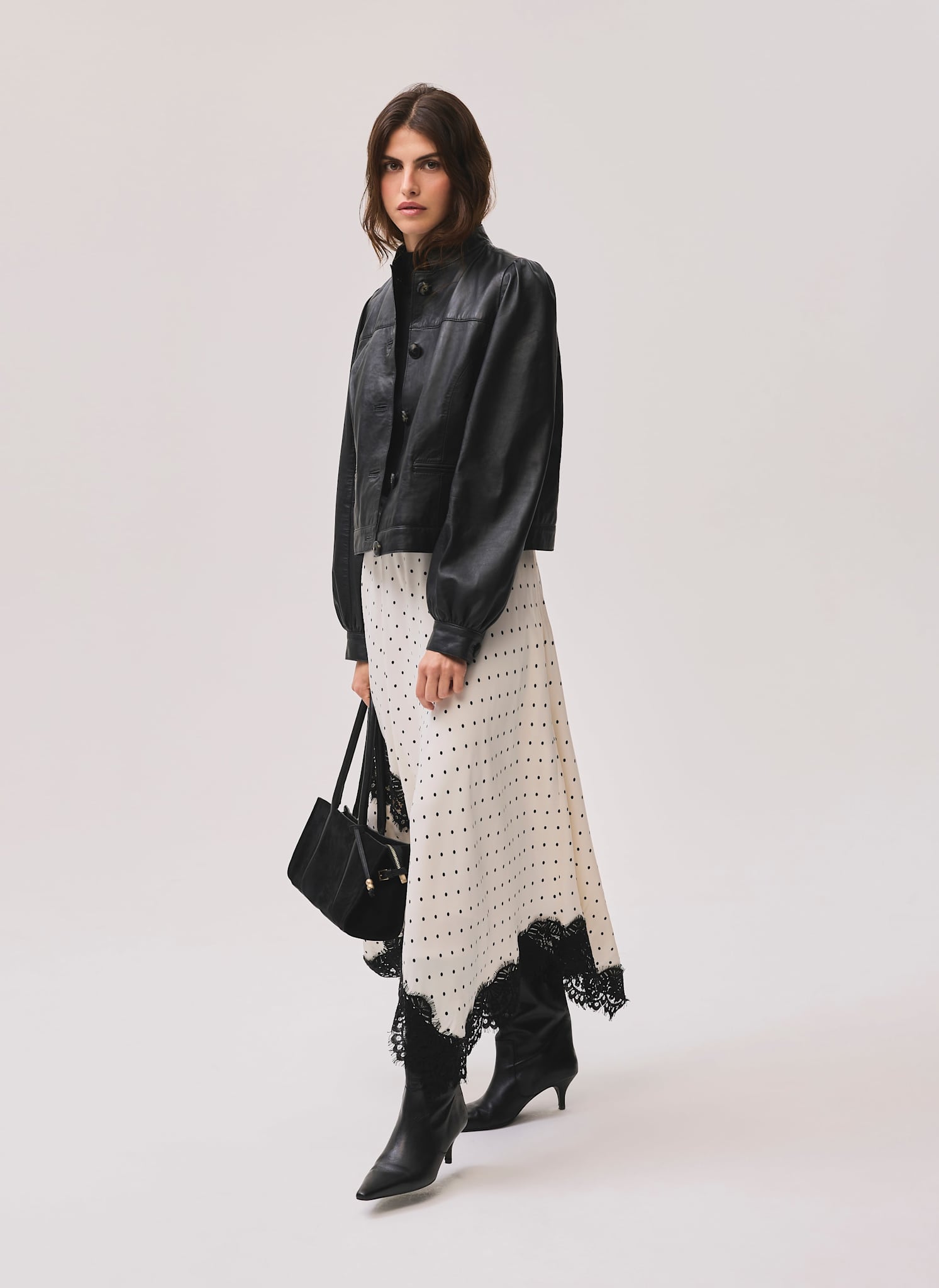 Cream Polka Dot Lace Trim Maxi Skirt