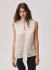 Cream Polka Dot Tie Neck Top