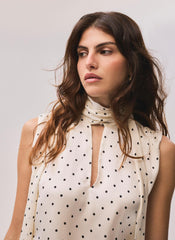Cream Polka Dot Tie Neck Top