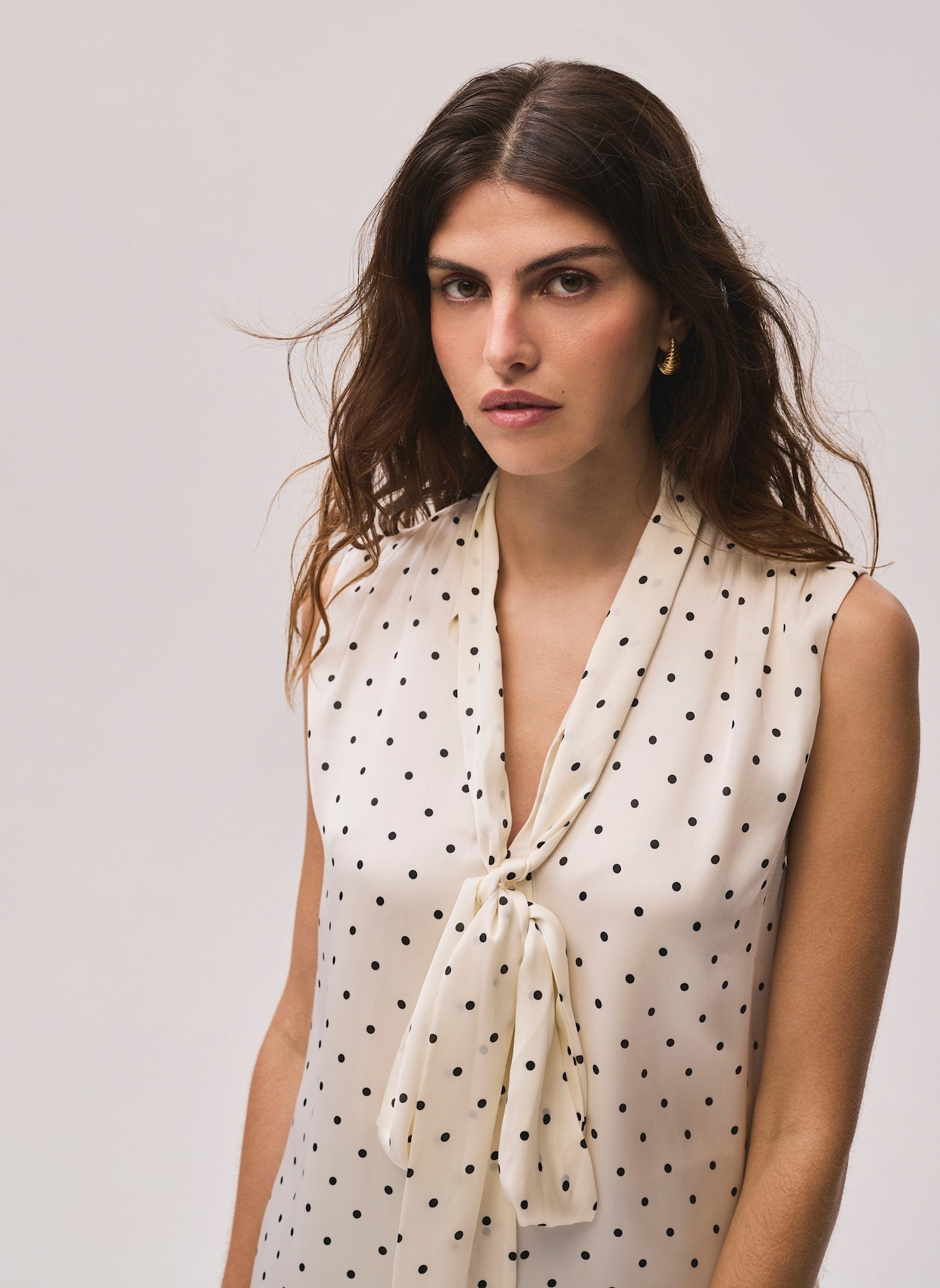 Cream Polka Dot Tie Neck Top
