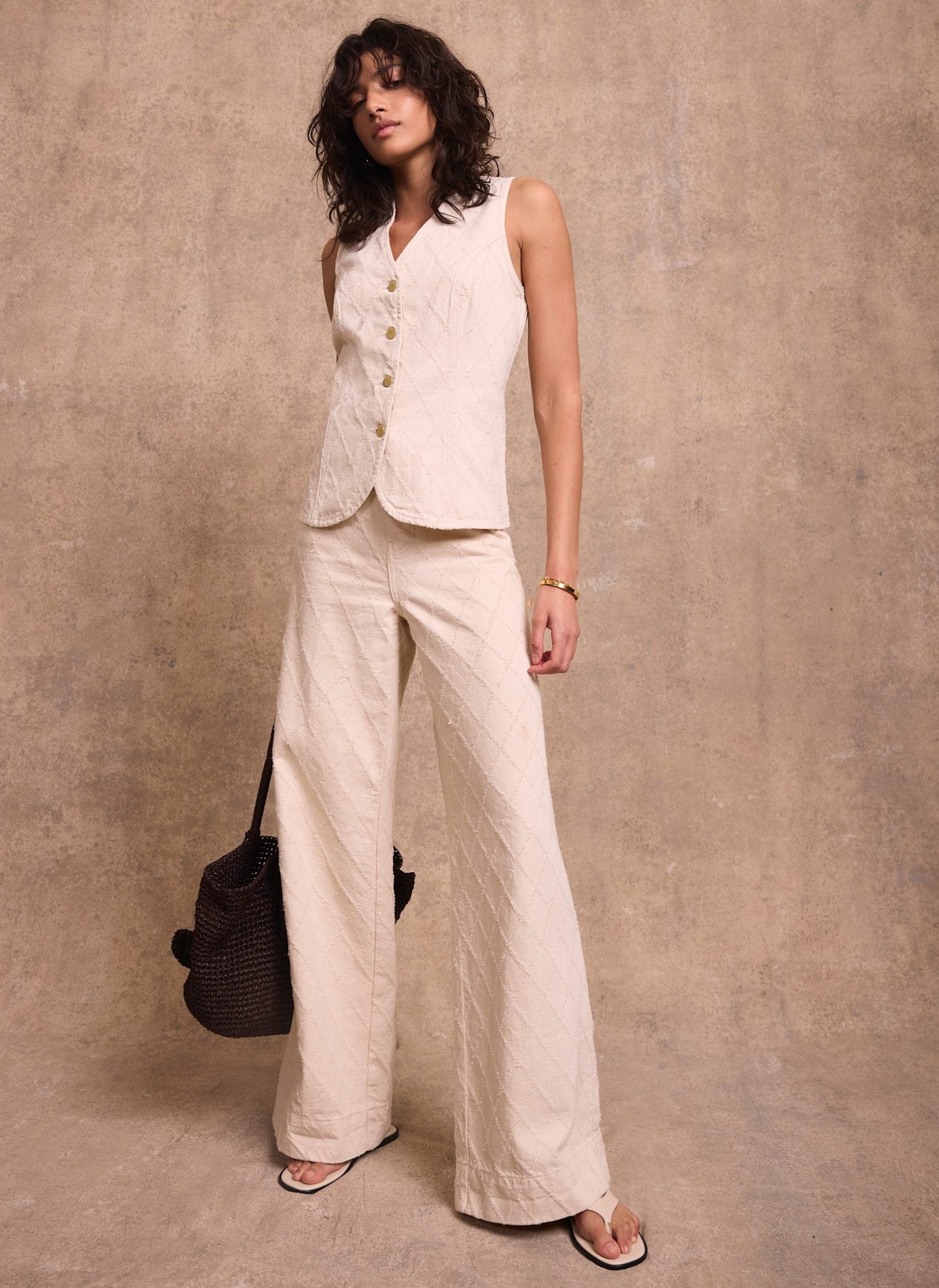 Cream Diamond Textured Wide Jeans