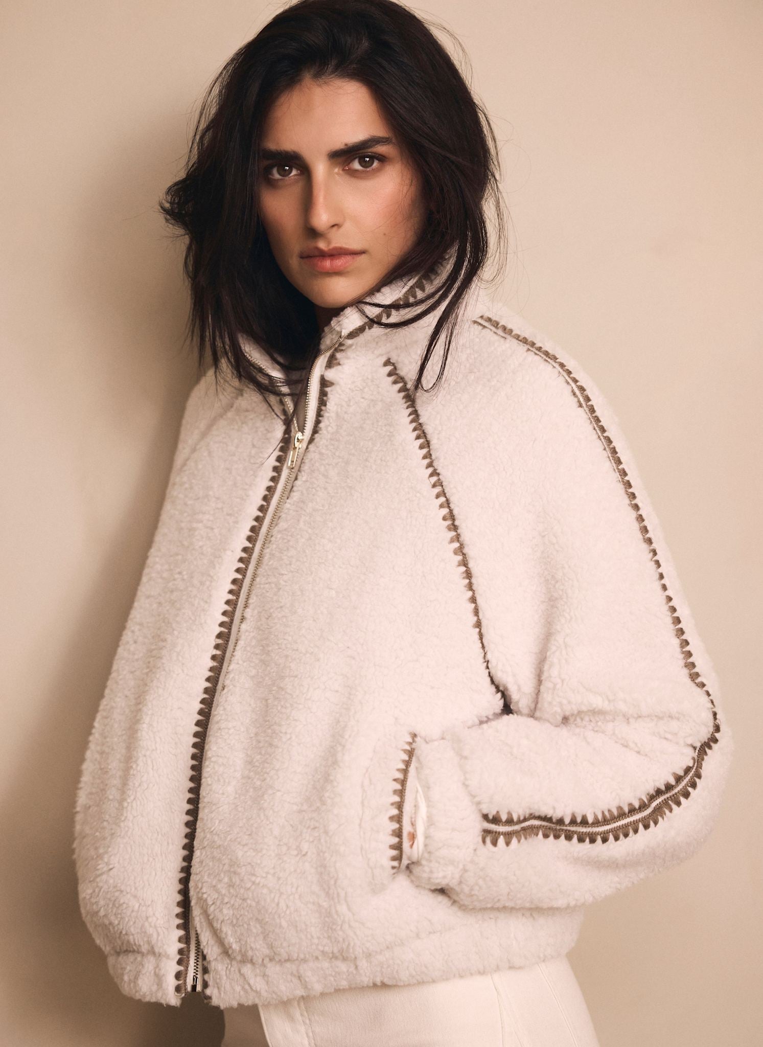 Cream Whipstitch Detail Borg Jacket