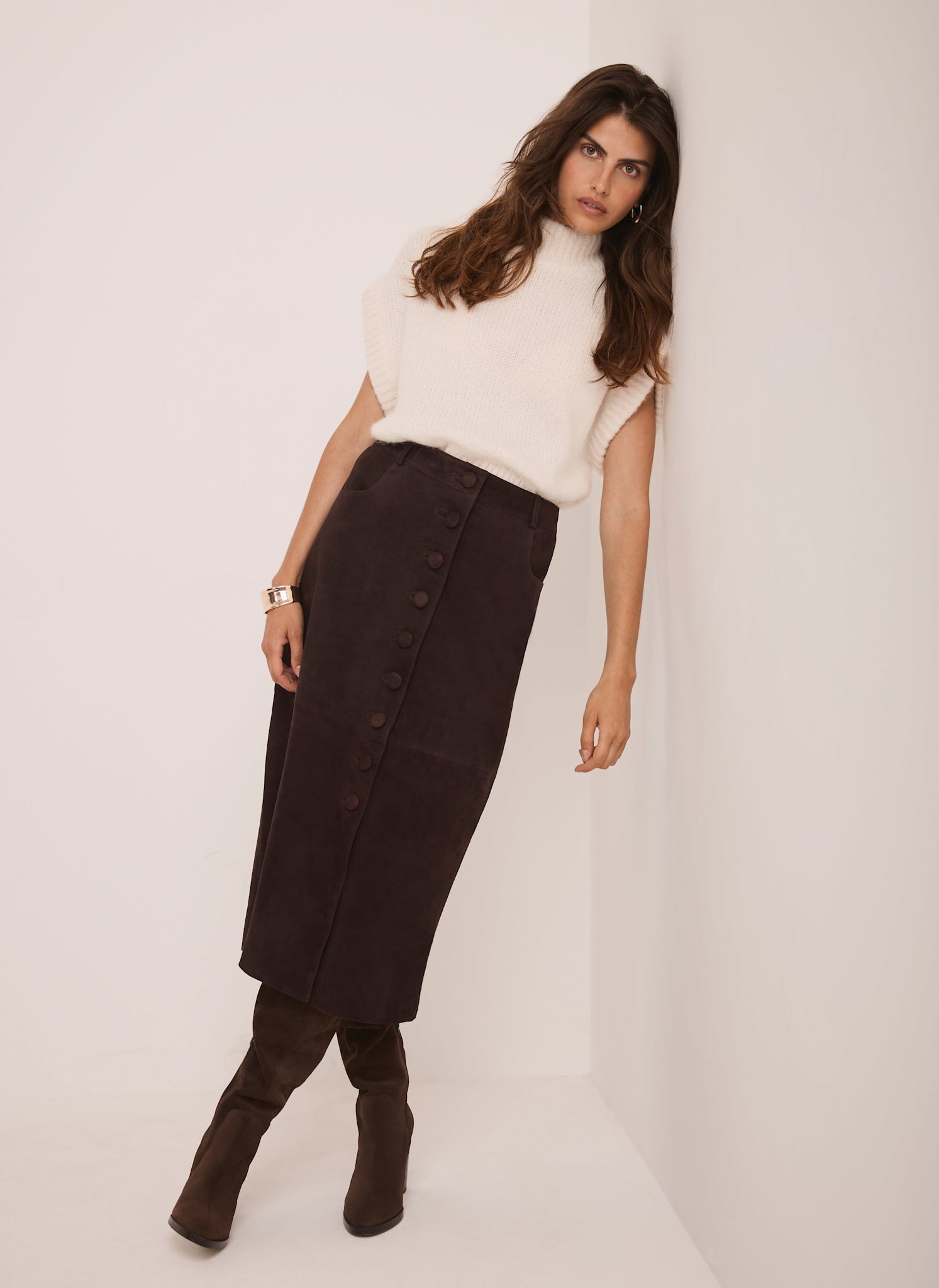 Cream Wool Blend High Neck Knit Top