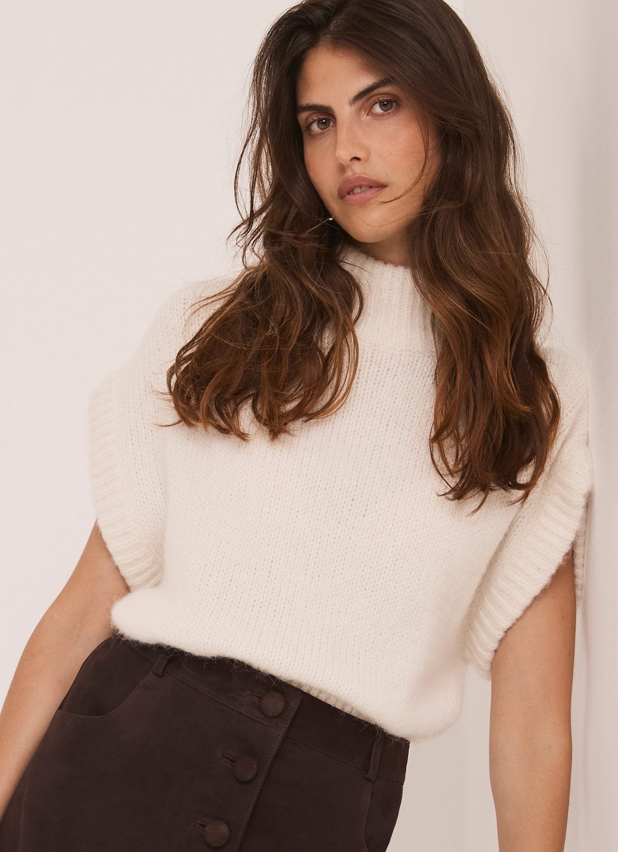 Cream Wool Blend High Neck Knit Top