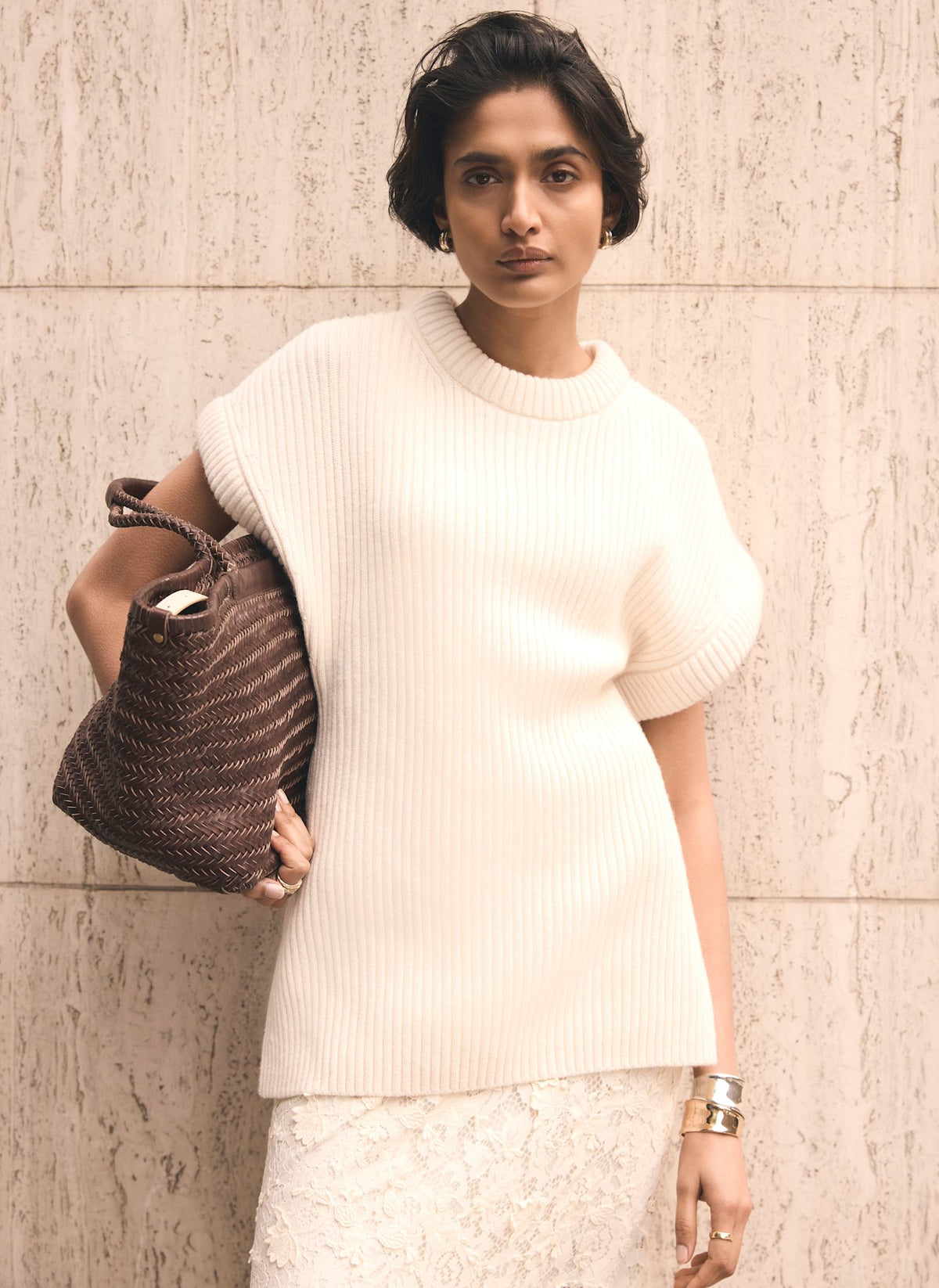 Cream Wool Blend Longline Knit Top