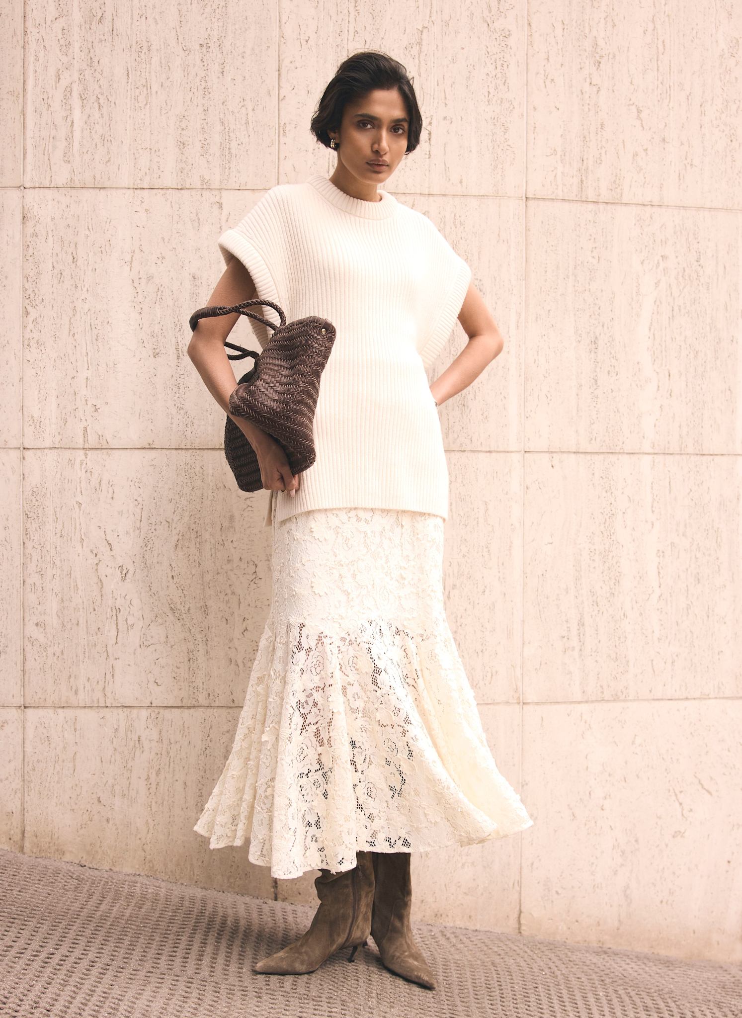 Cream Wool Blend Longline Knit Top