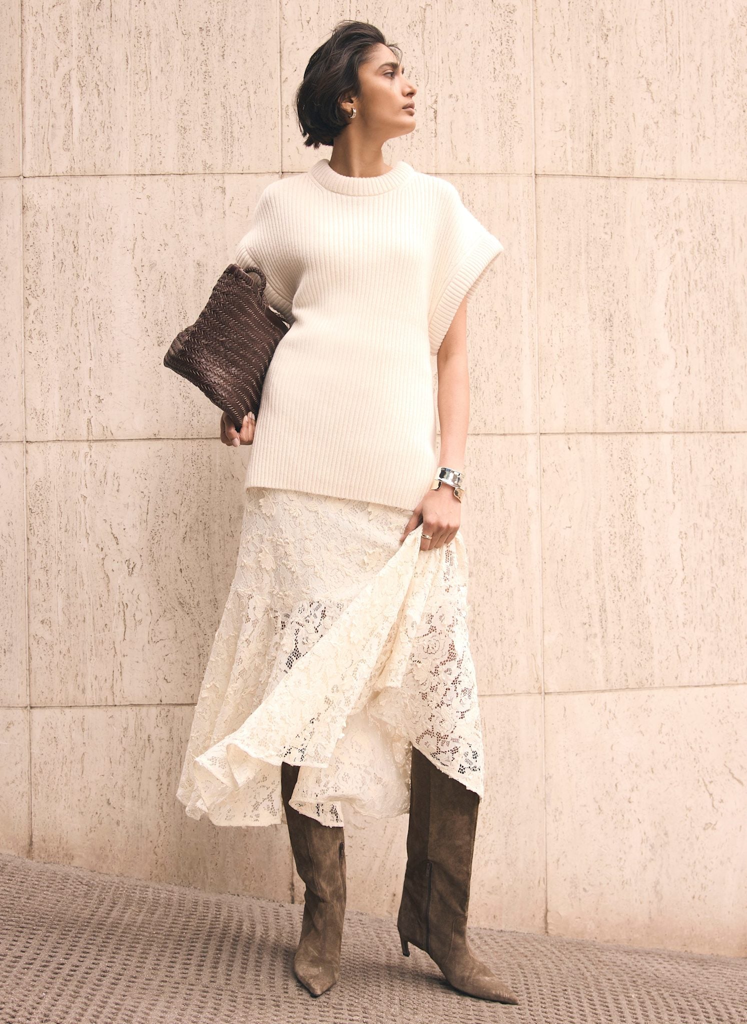 Cream Wool Blend Longline Knit Top