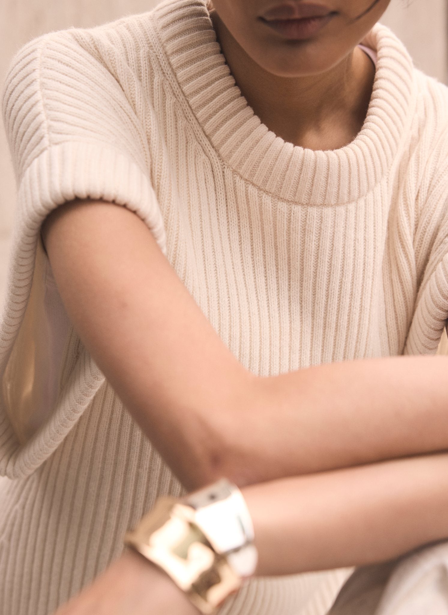 Cream Wool Blend Longline Knit Top