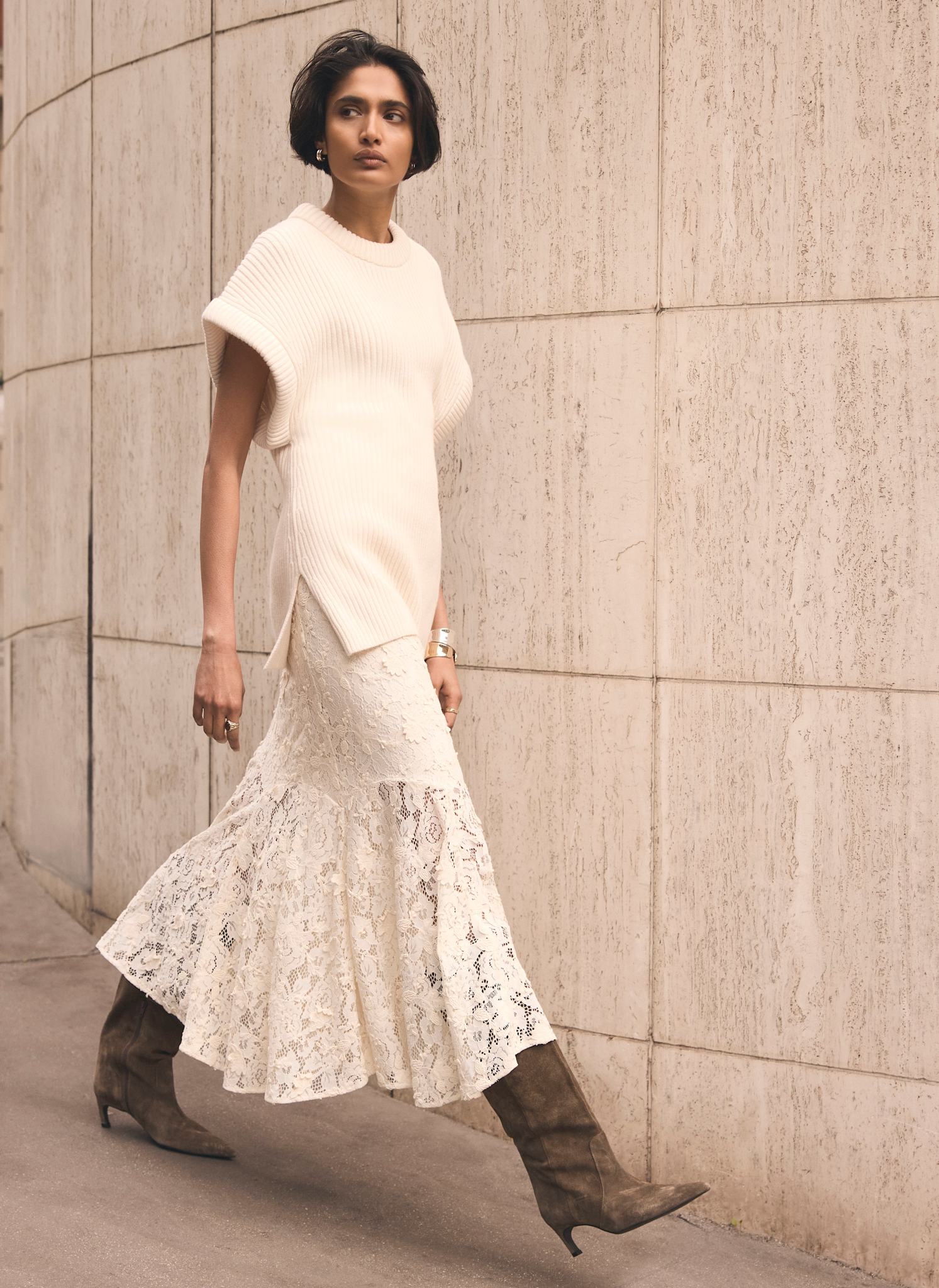 Cream Wool Blend Longline Knit Top