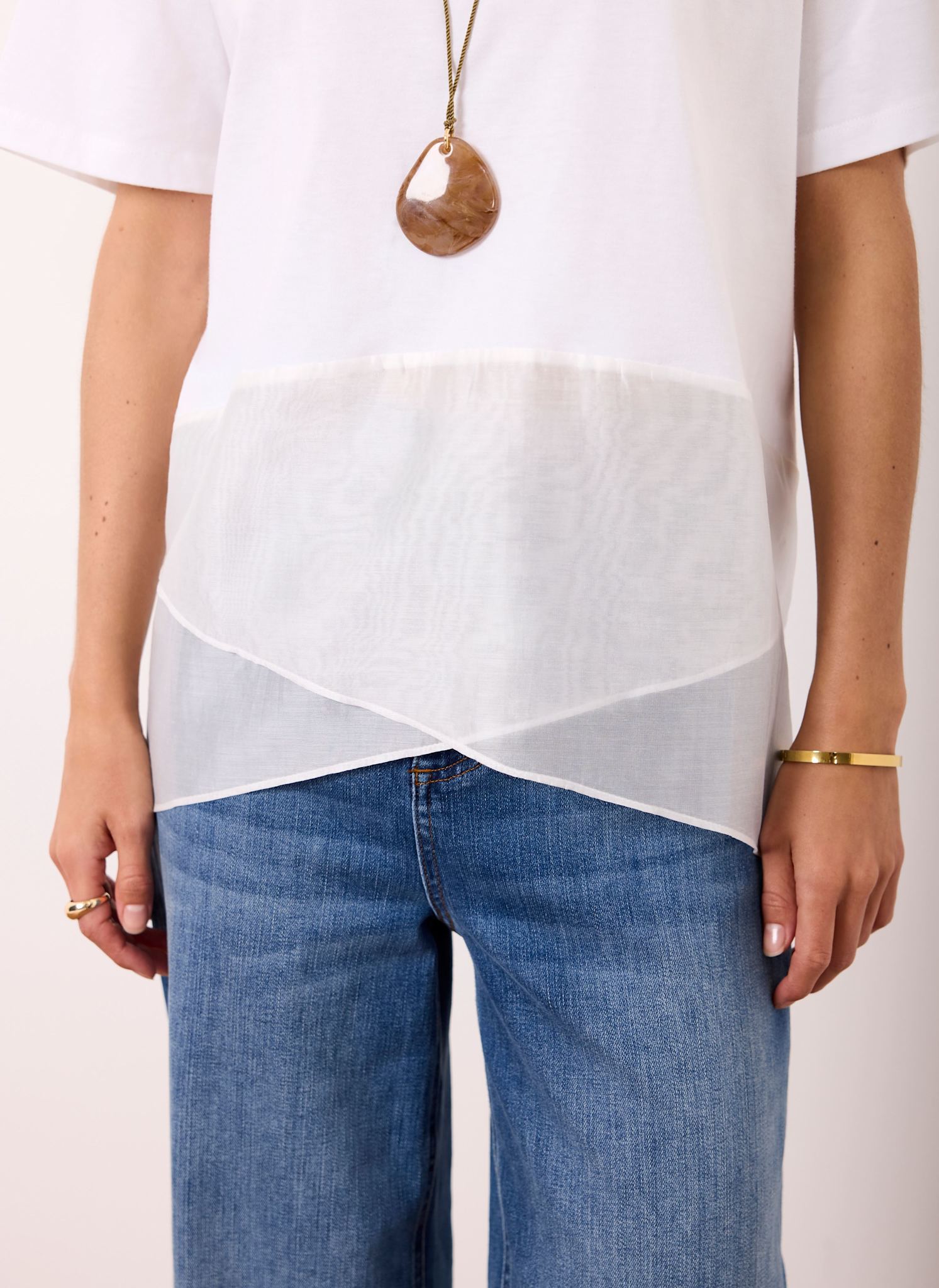 Cream Cotton Sheer Wrap T-Shirt